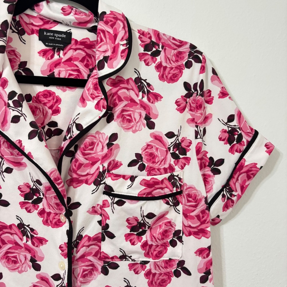 Kate Spade Floralcore Pink Rose Pajama Set Button Down Cropped Cottage Womens M - Picture 9 of 10
